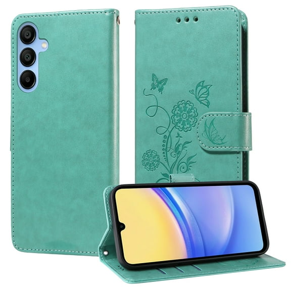 Designed for Samsung Galaxy S24 FE Case Wallet,Women Flip Folio Cover with Butterfly & Flower Embossed PU Leather Stand Credit Card Holders Slots Wrist Strap Shockproof Phone Case,Green