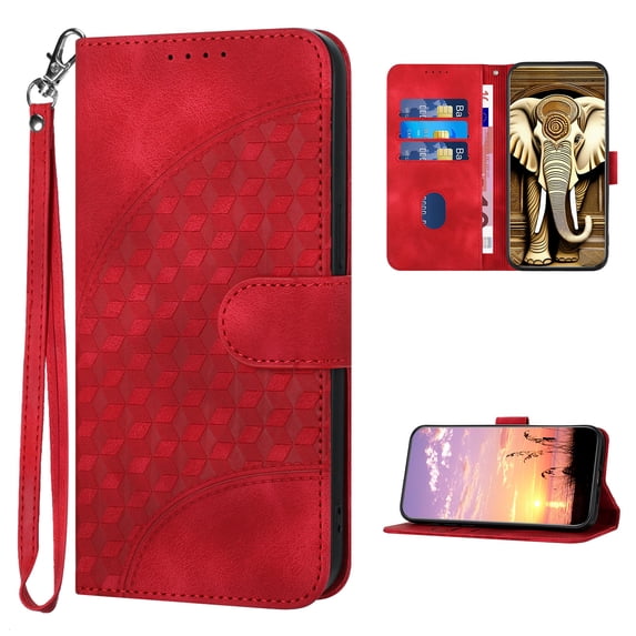 Designed for Samsung Galaxy S24 FE Case Wallet, Women Flip Folio Cover with Embossed PU Leather Stand Credit Card Holders Slots Wrist Strap Magnetic Closure Phone Case for S24 FE, Red
