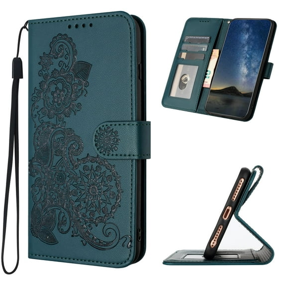 Designed for Samsung Galaxy S24 FE Case Wallet, Women Flip Folio Cover with Floral Embossed PU Leather Stand Credit Card Holders Slots Wrist Strap Purse Phone Case for S24 FE, Darkgreen