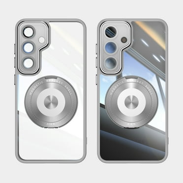 Designed for Samsung Galaxy S24 FE Crystal Clear Back Case, Luxury Case with Lens Protector Drop Protective Magnetic Rotating Ring Kickstand Shockproof Thin Fit Phone Case Cover, Gray