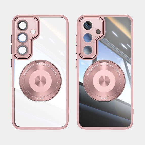 Designed for Samsung Galaxy S24 FE Crystal Clear Back Case, Luxury Case with Lens Protector Drop Protective Magnetic Rotating Ring Kickstand Shockproof Thin Fit Phone Case Cover, Pink