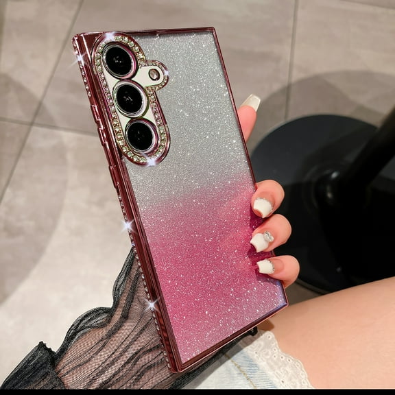Designed for Samsung Galaxy S24 FE Glitter Case for Women Girls, Soft TPU Diamond Edge Plating Luxury Gradient Color Sparkly Shockproof Slim Bumper with Camera Protection Phone Cover,Pink