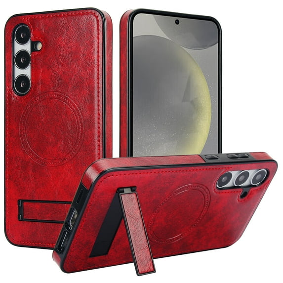 Designed for Samsung Galaxy S24, Luxury Slim Fit PU Leather Back Case with Magsafe Kickstand Wireless Charging Luxury Protective Anti-slip Durable Phone Cover for Galaxy S24,Winered