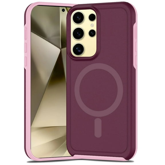 Designed for Samsung Galaxy S24 Magnetic Circle Guard Fused Compatible with MagSafe Heavy-Duty Tough Hybrid Slim Shockproof Phone Case Cover [Burgundy]