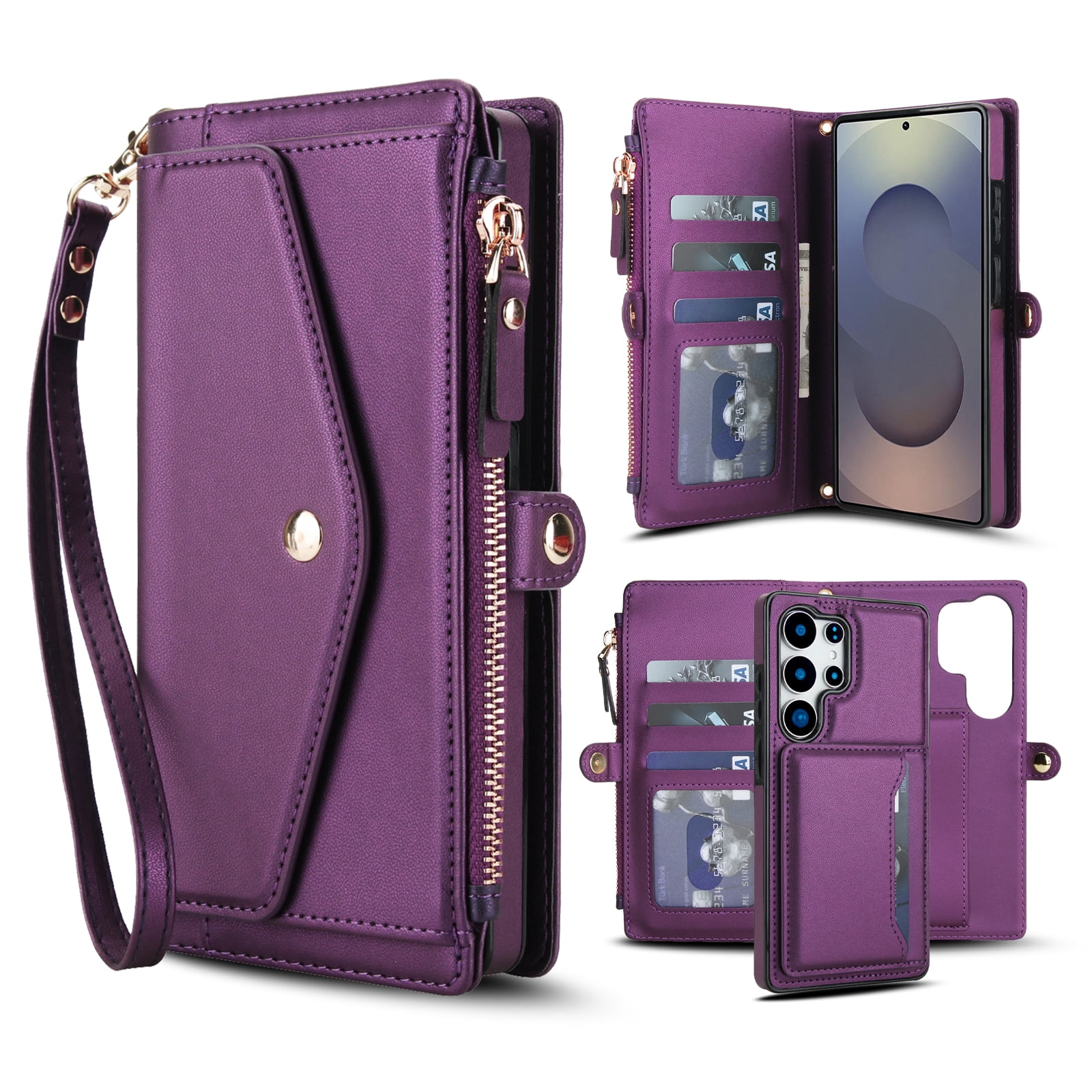 Designed for Samsung Galaxy S24 Multi-Function Wallet Phone Case,With Shoulder Strap&Wrist Strap,Cash Pocket&Card Slots,Zipper Purse,Magnetic Detachable PU Leather Flip Phone Case,Purple