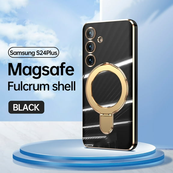 Designed for Samsung Galaxy S24 Plus Case, with 360° Rotatable Magnetic Invisible Stand [Compatible with MagSafe] Gold Plating Edge Soft TPU Shockproof Protective Case for Women Men - Black