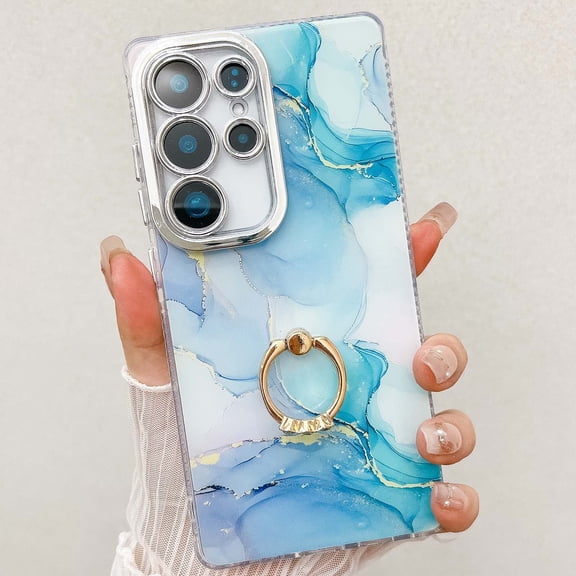 Designed for Samsung Galaxy S24 Plus Case [Built-in 360° Rotatable Diamond Ring Holder Stand] Ultra Slim Marble Durable Sturdy Shockproof Phone Kickstand Protective TPU Case Cover, K
