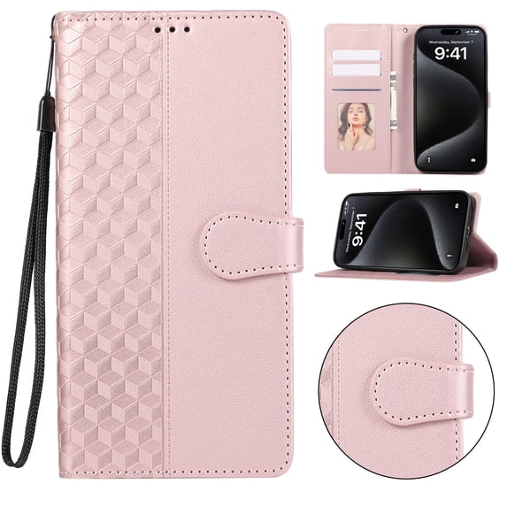 Designed for Samsung Galaxy S24 Plus Case Wallet,Flip Folio Cover with Embossed PU Leather+Soft Inner Case Stand RFID Blocking Credit Card Holders Slots with Wrist Strap Shockproof Phone Case,Rosegold