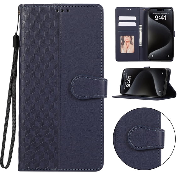 Designed for Samsung Galaxy S24 Plus Case Wallet,Flip Folio Cover with Embossed PU Leather+Soft Inner Case Stand RFID Blocking Credit Card Holders Slots with Wrist Strap Shockproof Phone Case,Blue