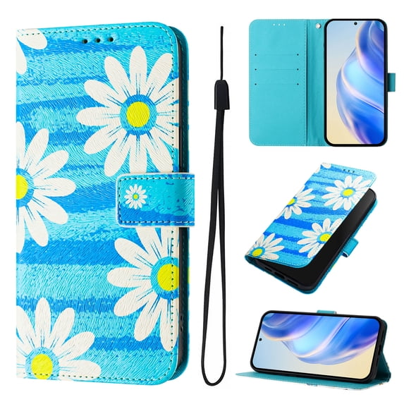 Designed for Samsung Galaxy S24 Premium PU Leather Pattern Flip Wallet Case Cover, Card Slots & Kickstand Wrist Strap Magnetic Closure Protective Phone Case for Samsung Galaxy S24, Little Blue Daisies