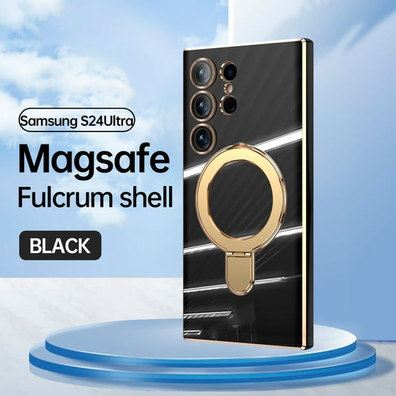 Designed for Samsung Galaxy S24 Ultra Case, with 360° Rotatable Magnetic Invisible Stand [Compatible with MagSafe] Gold Plating Edge Soft TPU Shockproof Protective Case for Women Men - Black
