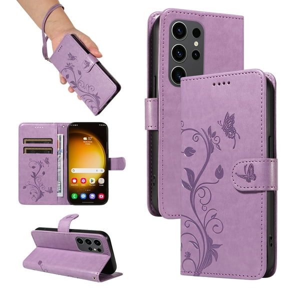 Designed for Samsung Galaxy S24 Ultra Case Wallet, Women Flip Folio Cover with Embossed PU Leather Kickstand Credit Card Holders Slots Wrist Strap Shockproof Phone Case for Galaxy S24 Ultra, Purple