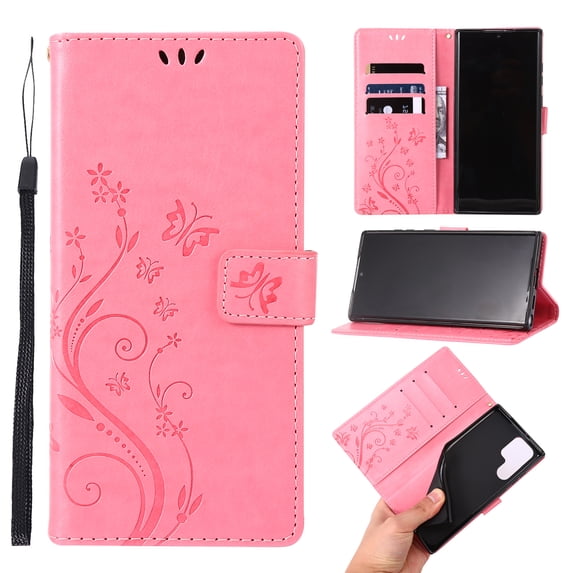 Designed for Samsung Galaxy S24 Ultra Case, Wrist Strap Flip Kickstand PU Leather Wallet Case Cash Card Slots Holder, Protective Shockproof Pattern Women Cover for Samsung Galaxy S24 Ultra, Pink