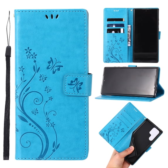 Designed for Samsung Galaxy S24 Ultra Case, Wrist Strap Flip Kickstand PU Leather Wallet Case Cash Card Slots Holder, Protective Shockproof Pattern Women Cover for Samsung Galaxy S24 Ultra, Blue