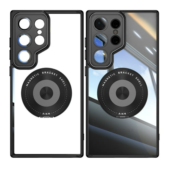 Designed for Samsung Galaxy S24 Ultra Crystal Clear Back Case, Luxury Case with Lens Protector Drop Protective Magnetic Rotating Ring Kickstand Shockproof Thin Fit Phone Case Cover, Black