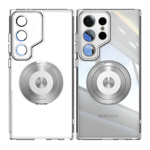 Designed for Samsung Galaxy S24 Ultra Crystal Clear Back Case, Luxury Case with Lens Protector Drop Protective Magnetic Rotating Ring Kickstand Shockproof Thin Fit Phone Case Cover, White