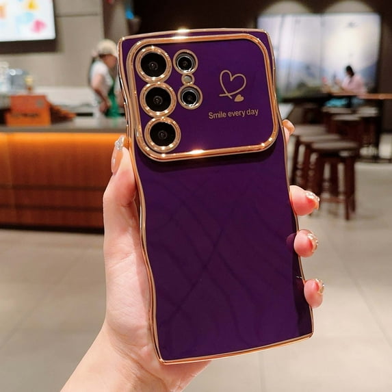 Designed For Samsung Galaxy S24 Ultra Phone Case,Cute Curly Wave Frame with Luxury Plating Love Heart Pattern For Women Girls,Soft TPU Shockproof Raised Lens Protection Phone Case,Darkpurple