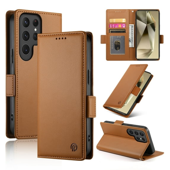 Designed for Samsung Galaxy S24 Ultra Wallet Case, with Card Slots Strong Magnetic Closure PU Leather Flip Fold Shockproof Kickstand Durable Purse Flip Case for Samsung Galaxy S24 Ultra - Brown