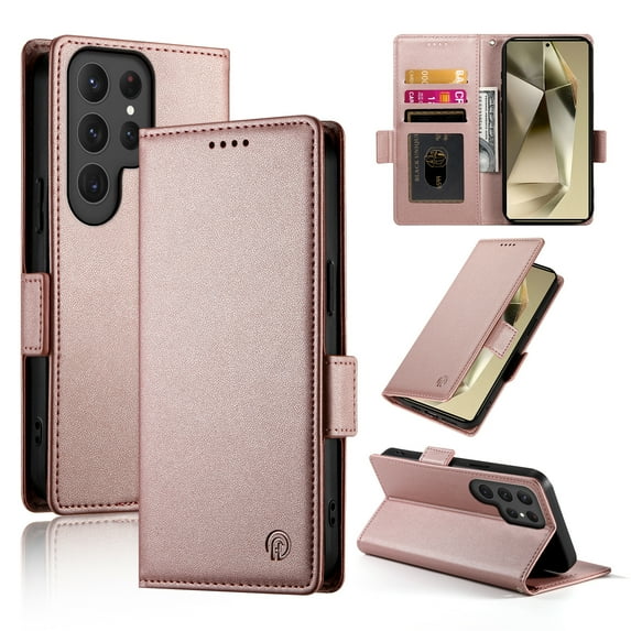 Designed for Samsung Galaxy S24 Ultra Wallet Case, with Card Slots Strong Magnetic Closure PU Leather Flip Fold Shockproof Kickstand Durable Purse Flip Case for Samsung Galaxy S24 Ultra - Rosegold