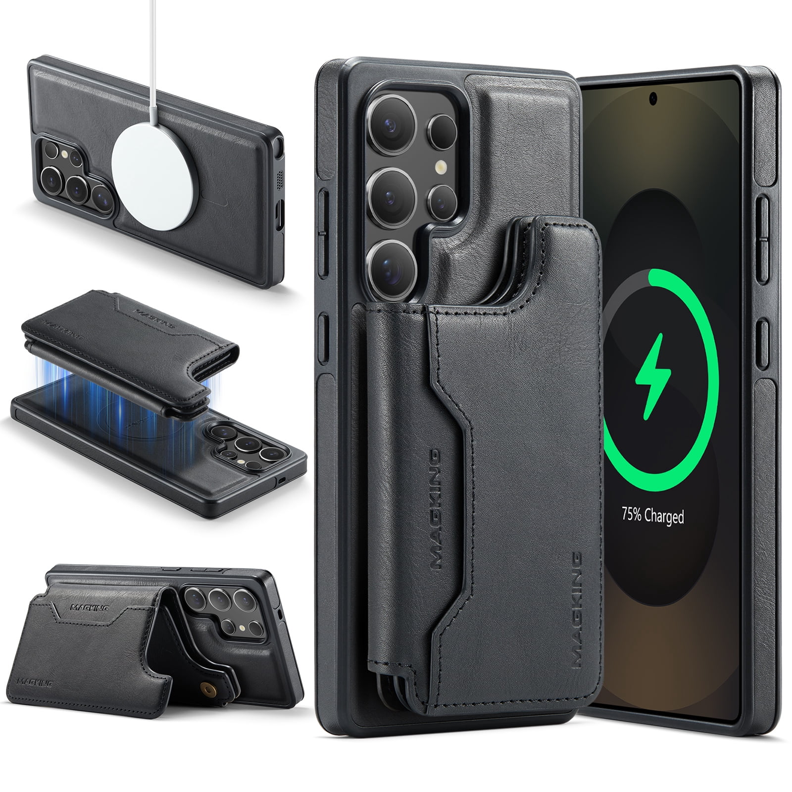 Designed for Samsung Galaxy S24 Ultra Wallet Phone Case,Magnetic Detachable Flip Card Holder,Back Flip Kickstand,Compatible with Mag-Safe,2-in-1 PU Leather Heavy Duty Shockproof Phone Case,Black