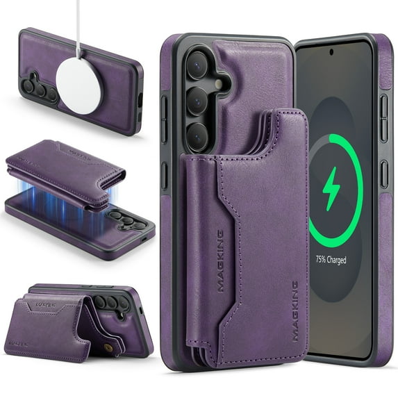 Designed for Samsung Galaxy S24 Wallet Phone Case,Magnetic Detachable Flip Card Holder,Back Flip Kickstand,Compatible with Mag-Safe,2-in-1 PU Leather Heavy Duty Shockproof Phone Case,Purple