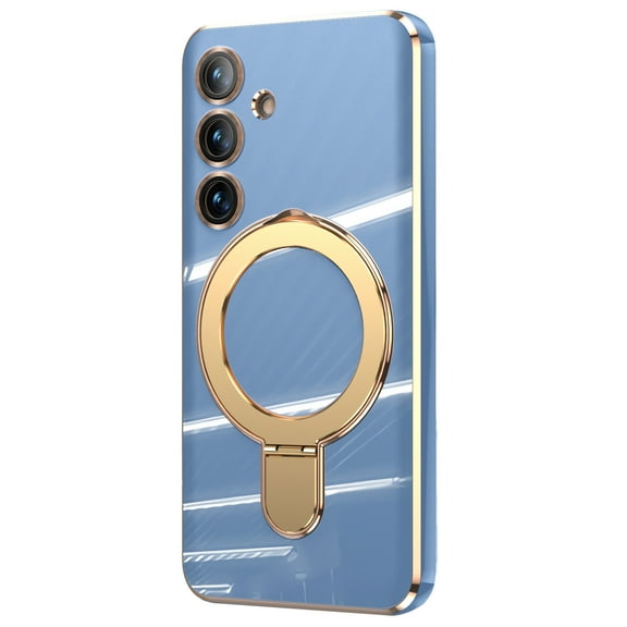 Designed for Samsung Galaxy S25 Case, with 360° Rotatable Magnetic Invisible Stand [Compatible with MagSafe] Gold Plating Edge Soft TPU Shockproof Protective Case for Women Men - Lightblue