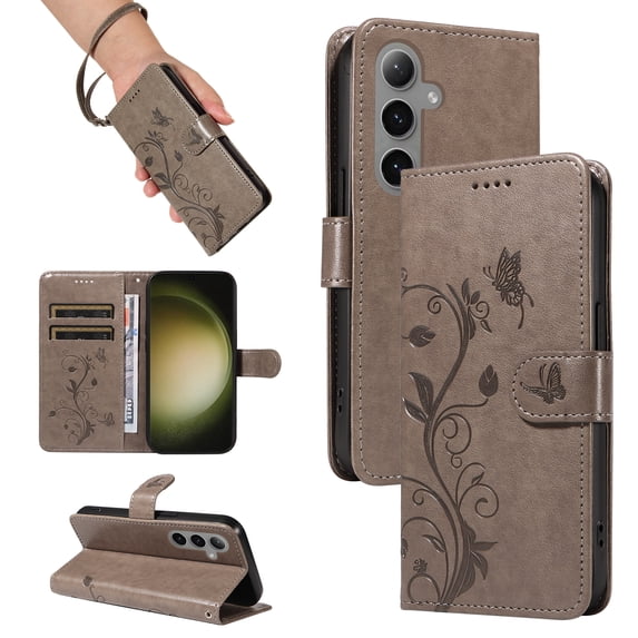 Designed for Samsung Galaxy S25 Case Wallet, Women Flip Folio Cover with Embossed PU Leather Kickstand Credit Card Holders Slots Wrist Strap Shockproof Phone Case for Galaxy S25, Grey