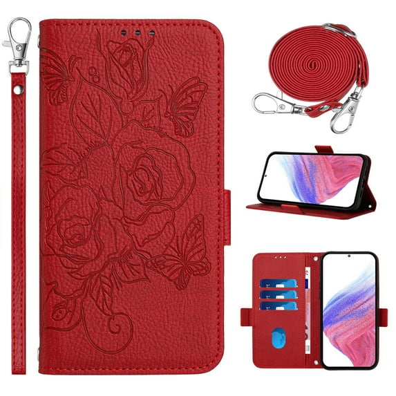 Designed for Samsung Galaxy S25 Case Wallet, Women Flip Folio Cover with Embossed PU Leather Stand Credit Card Holders Slots Wrist Strap + Shoulder Strap Phone Case, RFID Blocking, Red