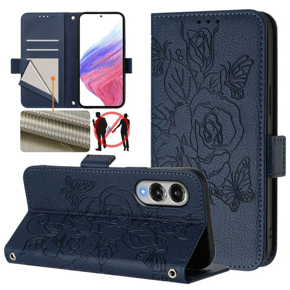 Designed For Samsung Galaxy S25 Edge Flip Phone Case,Embossed Butterfly&Rose Designing,PU Leather Flip Folding Kickstand,Card Slots,With Shoulder Strap&Wrist Strap,Shockproof Wallet Case,Darkblue
