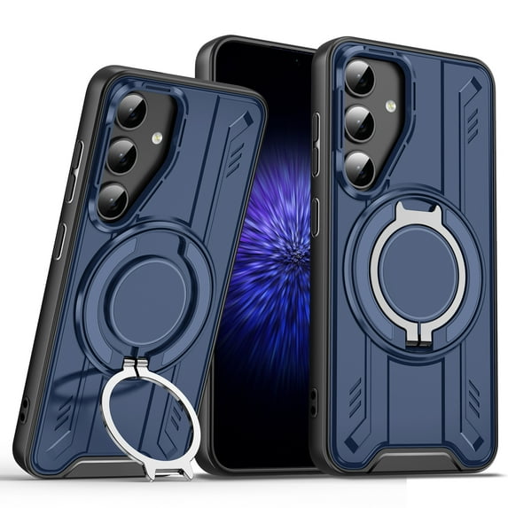 Designed for Samsung Galaxy S25 Edge Magnetic Phone Case,Compatible with Mag-Safe,360° Spin Contractile Ring Kickstand,Heavy Duty Shockproof Anti-fall Dropproof Tough Rugged Phone Case,Blue
