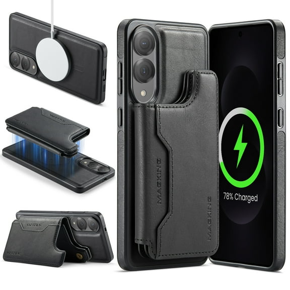 Designed for Samsung Galaxy S25 Edge Wallet Phone Case,Magnetic Detachable Flip Card Holder,Back Flip Kickstand,Compatible with Mag-Safe,2-in-1 PU Leather Heavy Duty Shockproof Phone Case,Black