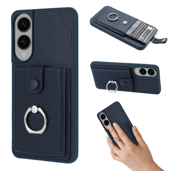 Designed for Samsung Galaxy S25 Edge Wallet Phone Case,With Card Slots,360°Rotatable Ring Kickstand,Lychee Pattern PU Leather Magnetic Clasp Shockproof Anti-fall Rugged Phone Case,Blue