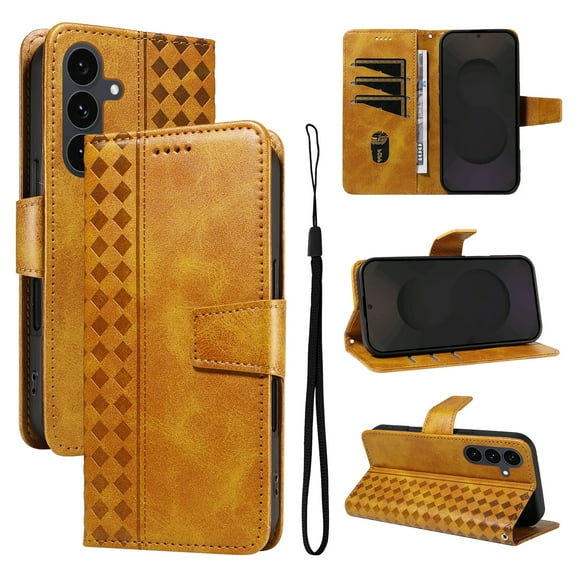 Designed for Samsung Galaxy S25 FE Case Wallet, Men Women Flip Folio Cover with PU Leather Stand Credit Card Holders Slots Wrist Strap Magnetic Phone Case for Samsung Galaxy S25 FE, Yellow