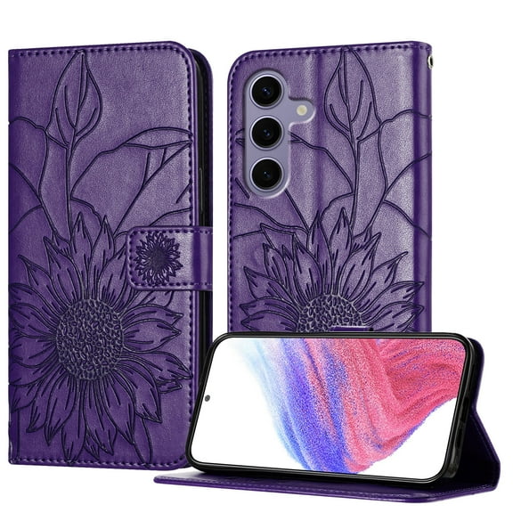 Designed For Samsung Galaxy S25 Flip Phone Case,Flip Folio Cover with Credit Card Holders Emboss Sunflower PU Leather Purse Kickstand Shockproof Anti-fall Ultra Slim Phone Case,Darkpurple