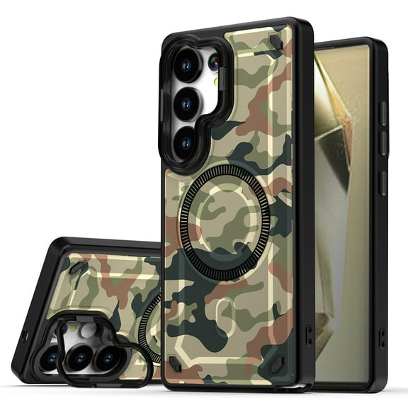 Designed For Samsung Galaxy S25 Magnetic Phone Case,Compatible with Mag-safe,Camouflage Print Back Design,Heavy Duty Shockproof Drop Protection,With Lens Ring Kickstand,Durable Phone Case,G