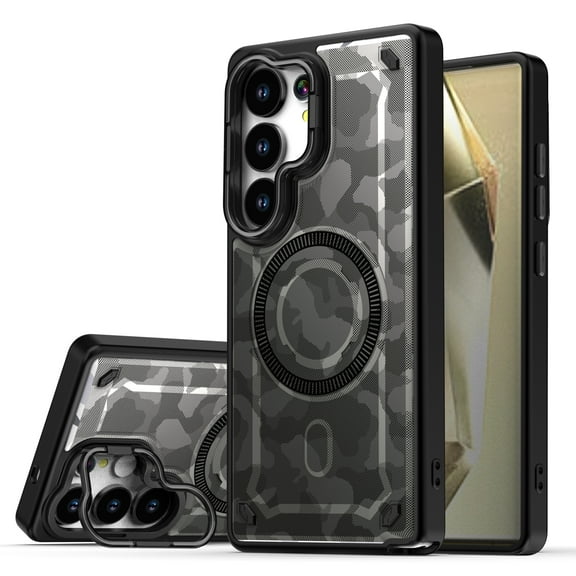 Designed For Samsung Galaxy S25+ Magnetic Phone Case,Compatible with Mag-safe,Camouflage Print Back Design,Heavy Duty Shockproof Drop Protection,With Lens Ring Kickstand,Durable Phone Case,F