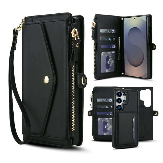Designed for Samsung Galaxy S25+ Multi-Function Wallet Phone Case,With Shoulder Strap&Wrist Strap,Cash Pocket&Card Slots,Zipper Purse,Magnetic Detachable PU Leather Flip Phone Case,Black