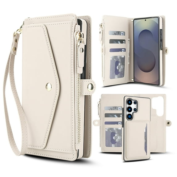 Designed for Samsung Galaxy S25+ Multi-Function Wallet Phone Case,With Shoulder Strap&Wrist Strap,Cash Pocket&Card Slots,Zipper Purse,Magnetic Detachable PU Leather Flip Phone Case,White
