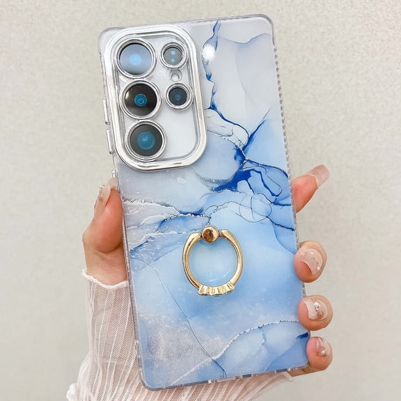 Designed for Samsung Galaxy S25 Plus Case [Built-in 360° Rotatable Diamond Ring Holder Stand] Ultra Slim Marble Durable Sturdy Shockproof Phone Kickstand Protective TPU Case Cover, N