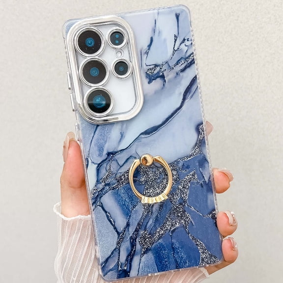 Designed for Samsung Galaxy S25 Plus Case [Built-in 360° Rotatable Diamond Ring Holder Stand] Ultra Slim Marble Durable Sturdy Shockproof Phone Kickstand Protective TPU Case Cover, T