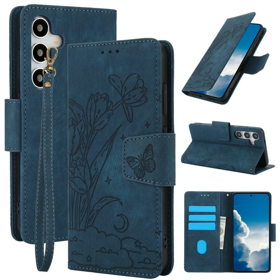 Designed for Samsung Galaxy S25 Plus Case Wallet, Elegant Women Flip Folio Cover with Flower Embossed PU Leather Stand Credit Card Holders Slots Wrist Strap Phone Case for Galaxy S25 Plus, Blue
