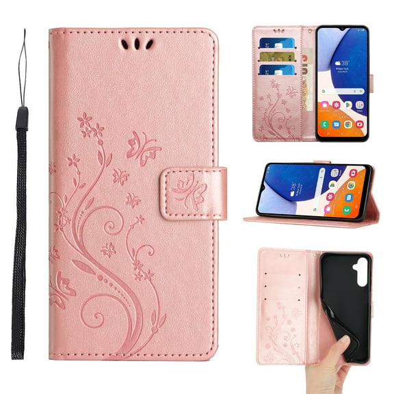 Designed for Samsung Galaxy S25 Plus Case, Wrist Strap Flip Kickstand PU Leather Wallet Case Cash Card Slots Holder, Protective Shockproof Pattern Women Cover for Samsung Galaxy S25 Plus, Rosegold