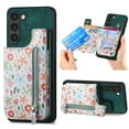 thumbnail image 1 of Designed for Samsung Galaxy S25 Plus, PU Leather Floral Pattern Card Slots Back Case, Zipper Storage Design Kickstand RFID Blocking Material Built-in Magnetic Car Mount Function Phone Cover, Green, 1 of 9