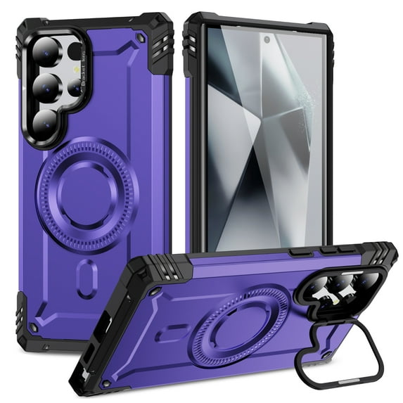 Designed for Samsung Galaxy S25 Ultra Armor Case with Camera Cover Stand, Shockproof Protection, Support Magnetic Wireless Charger Rugged Cover for S25 Ultra, Support Car Magnetic Holder - Purple