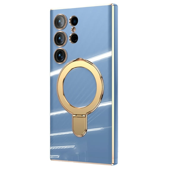 Designed for Samsung Galaxy S25 Ultra Case, with 360° Rotatable Magnetic Invisible Stand [Compatible with MagSafe] Gold Plating Edge Soft TPU Shockproof Protective Case for Women Men - Lightblue