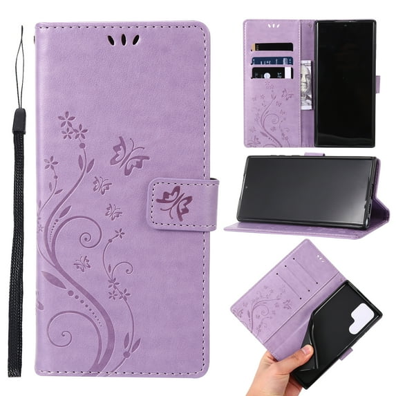 Designed for Samsung Galaxy S25 Ultra Case, Wrist Strap Flip Kickstand PU Leather Wallet Case Cash Card Slots Holder, Protective Shockproof Pattern Women Cover for Samsung Galaxy S25 Ultra,Lightpurple