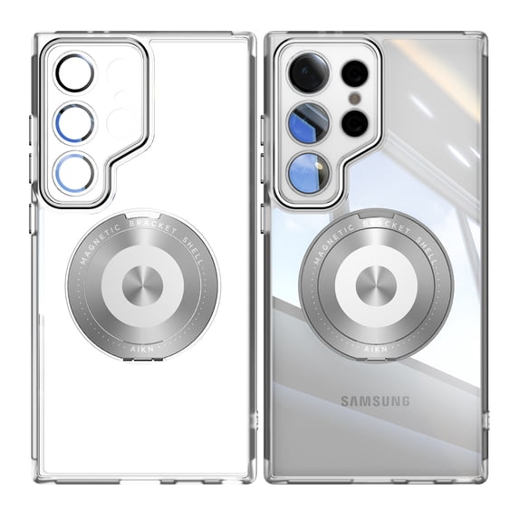 Designed for Samsung Galaxy S25 Ultra Crystal Clear Back Case, Luxury Case with Lens Protector Drop Protective Magnetic Rotating Ring Kickstand Shockproof Thin Fit Phone Case Cover, White