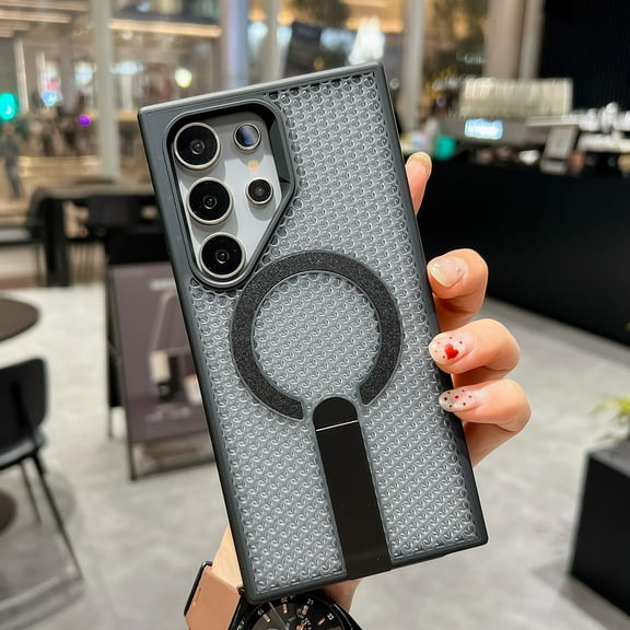 Designed For Samsung Galaxy S25 Ultra Magnetic Phone Case,3D Hollow Mesh Heat Dissipation Design,With Contractile Kickstand,Compatible with Magsafe,Breathable Cooling Shockproof Phone Case,Black