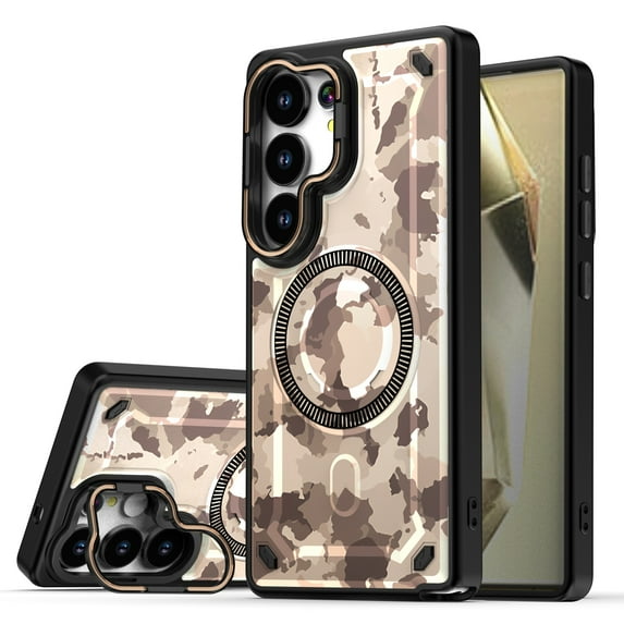 Designed For Samsung Galaxy S25 Ultra Magnetic Phone Case,Compatible with Mag-safe,Camouflage Print Back Design,Heavy Duty Shockproof Drop Protection,With Lens Ring Kickstand,Durable Phone Case,C
