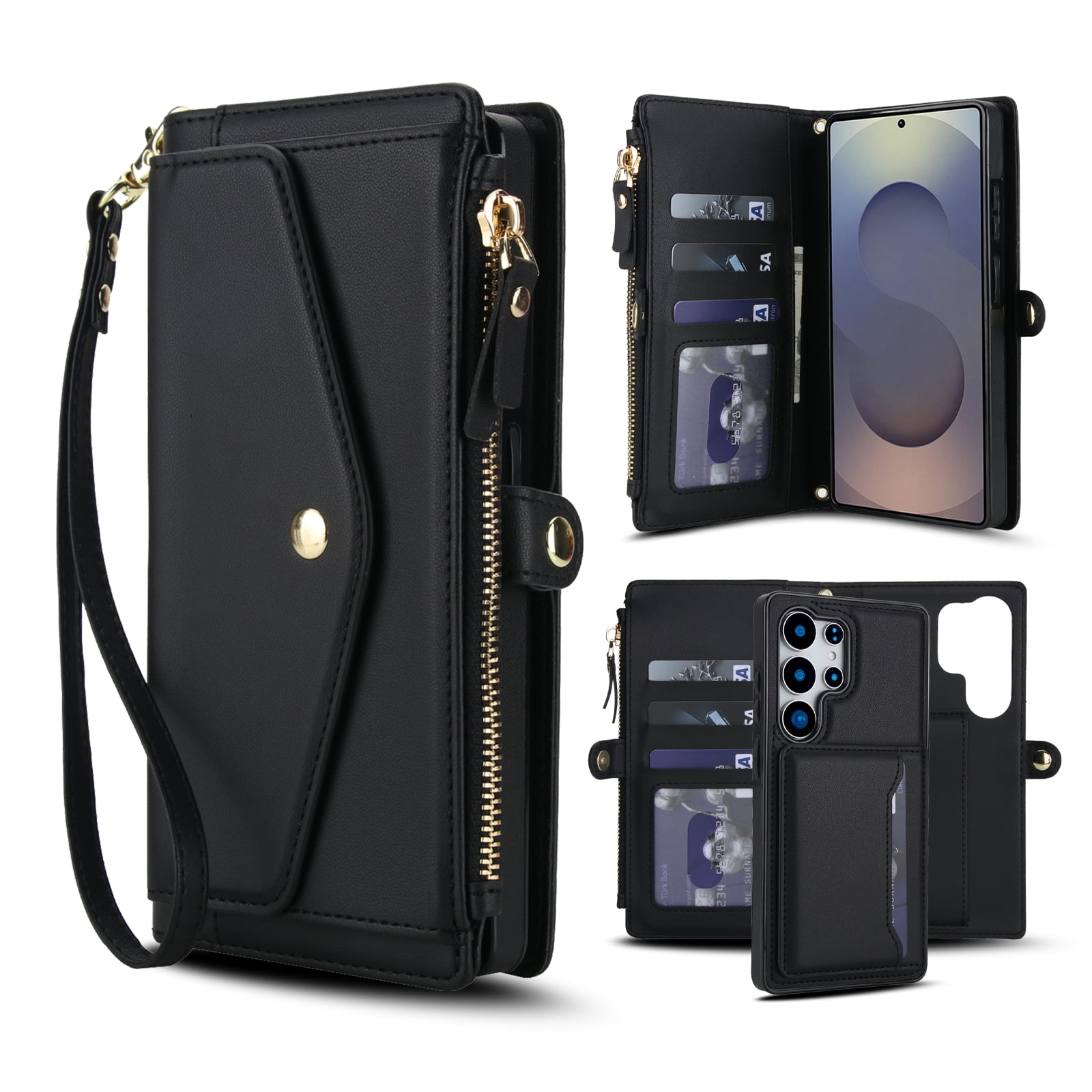 Designed for Samsung Galaxy S25 Ultra Multi-Function Wallet Phone Case,With Shoulder Strap&Wrist Strap,Cash Pocket&Card Slots,Zipper Purse,Magnetic Detachable PU Leather Flip Phone Case,Black